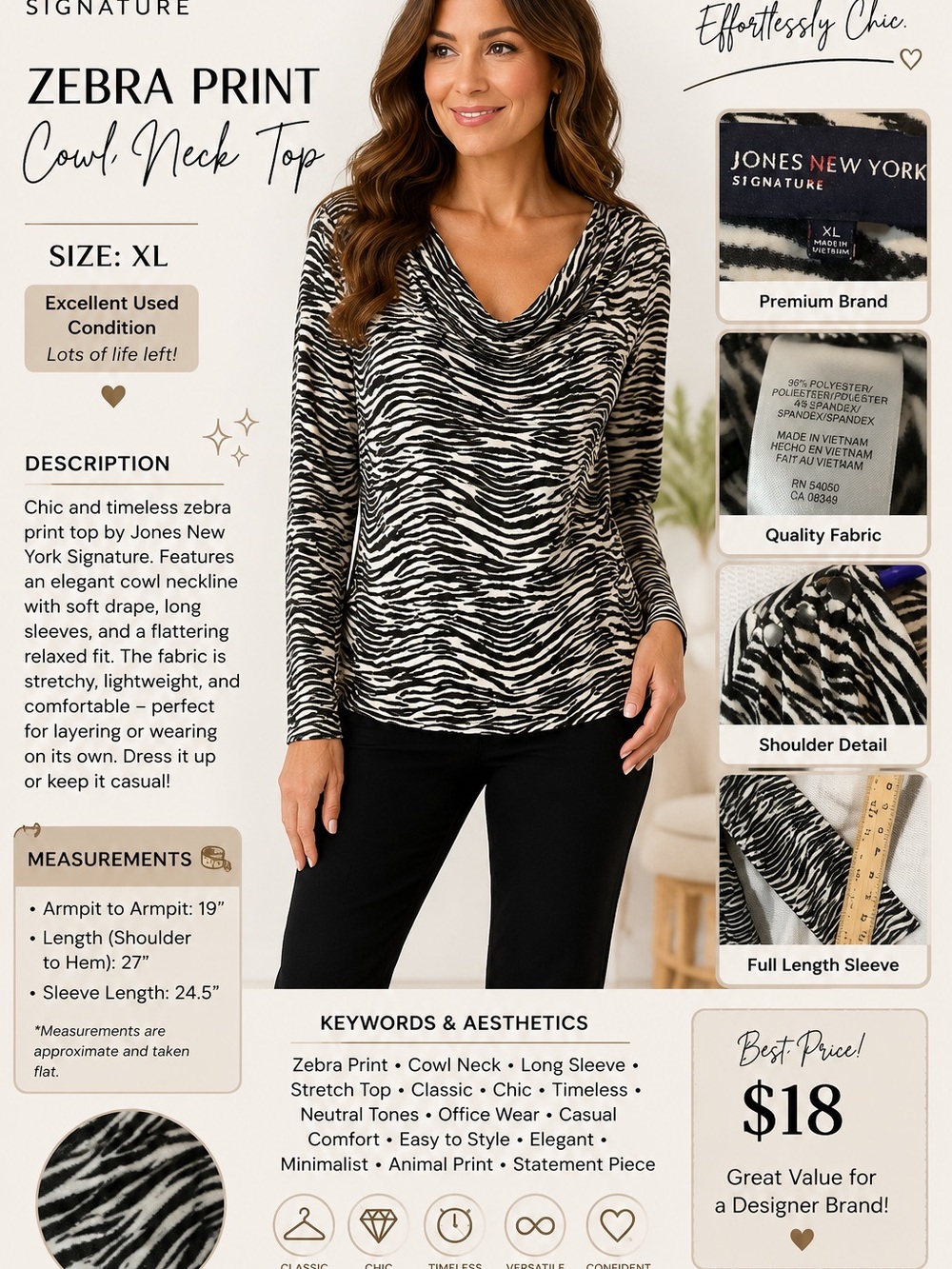 Jones New York Signature Zebra Print Top - Black & White
